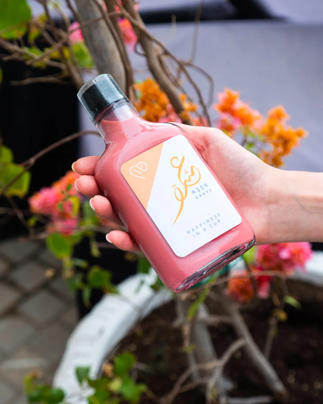 Hand holding a bottled drink in front of pink bougainvillea