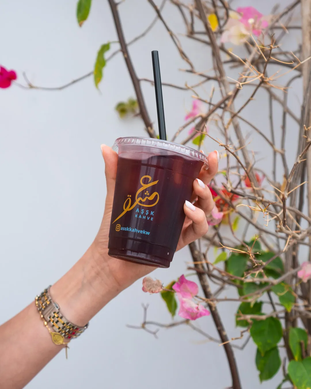 Hand holding a bottled drink in front of pink bougainvillea