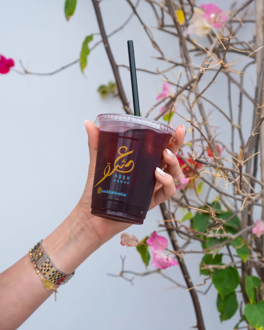 Hand holding a bottled drink in front of pink bougainvillea